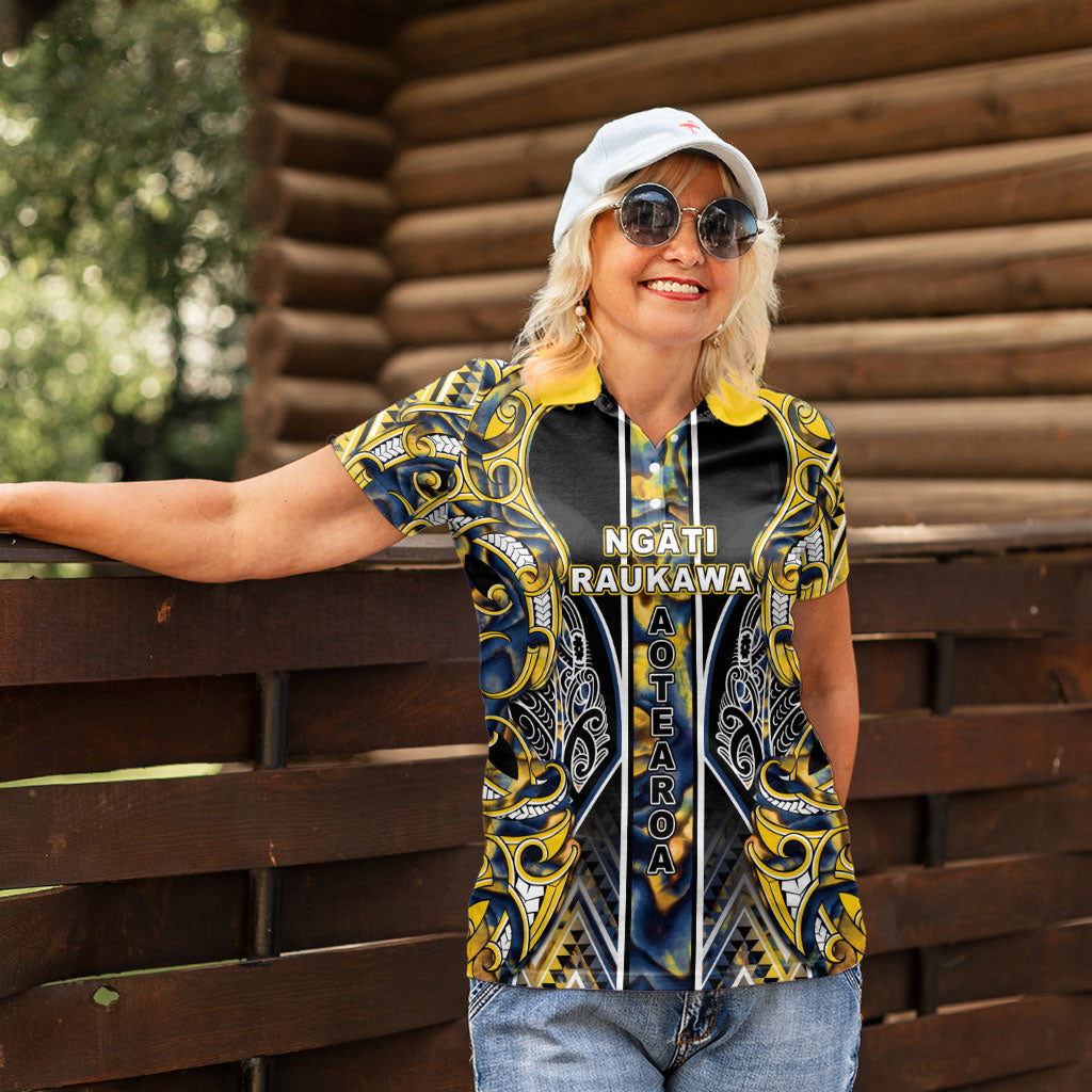 Aotearoa Ngati Raukawa Women Polo Shirt Maori Tribal Yellow And Navy Paua Shell Pattern
