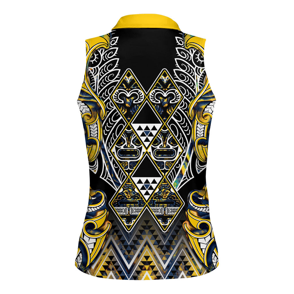 Aotearoa Ngati Raukawa Women Sleeveless Polo Shirt Maori Tribal Yellow And Navy Paua Shell Pattern