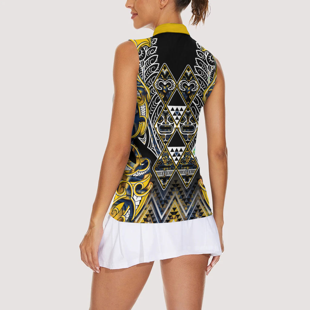 Aotearoa Ngati Raukawa Women Sleeveless Polo Shirt Maori Tribal Yellow And Navy Paua Shell Pattern