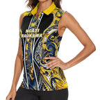Aotearoa Ngati Raukawa Women Sleeveless Polo Shirt Maori Tribal Yellow And Navy Paua Shell Pattern