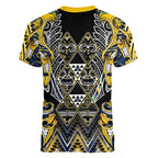 Aotearoa Ngati Raukawa Women V-Neck T-Shirt Maori Tribal Yellow And Navy Paua Shell Pattern