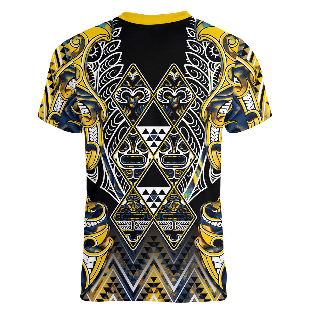 Aotearoa Ngati Raukawa Women V-Neck T-Shirt Maori Tribal Yellow And Navy Paua Shell Pattern