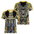Aotearoa Ngati Raukawa Women V-Neck T-Shirt Maori Tribal Yellow And Navy Paua Shell Pattern