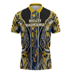 Aotearoa Ngati Raukawa Zipper Polo Shirt Maori Tribal Yellow And Navy Paua Shell Pattern
