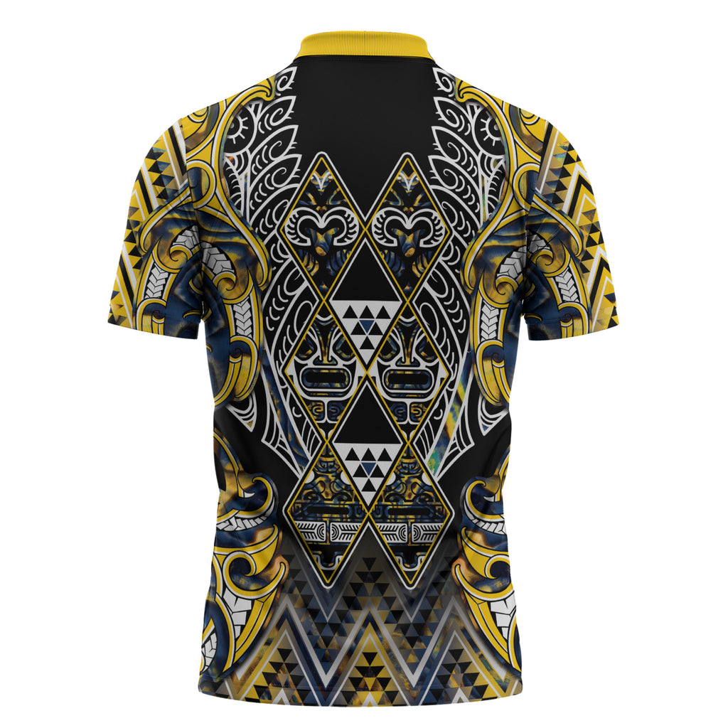 Aotearoa Ngati Raukawa Zipper Polo Shirt Maori Tribal Yellow And Navy Paua Shell Pattern