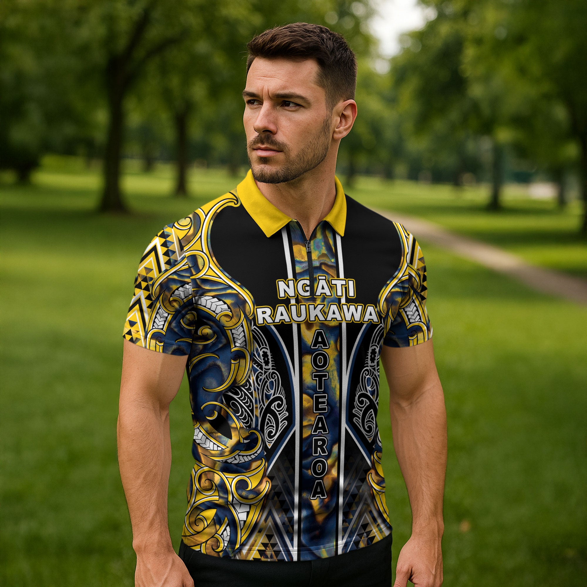 Aotearoa Ngati Raukawa Zipper Polo Shirt Maori Tribal Yellow And Navy Paua Shell Pattern