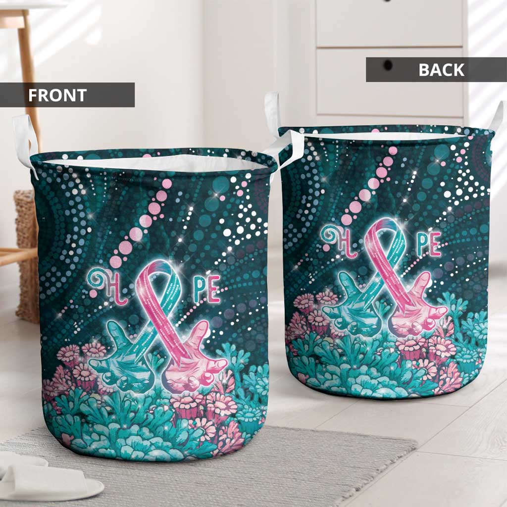 Hereditary Cancer Awareness Laundry Basket Hope Ribbon With Aussie Teal Duncan Coral