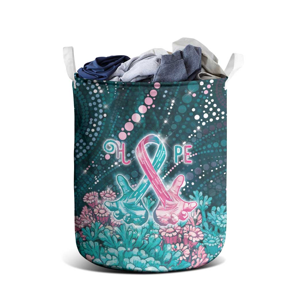 Hereditary Cancer Awareness Laundry Basket Hope Ribbon With Aussie Teal Duncan Coral