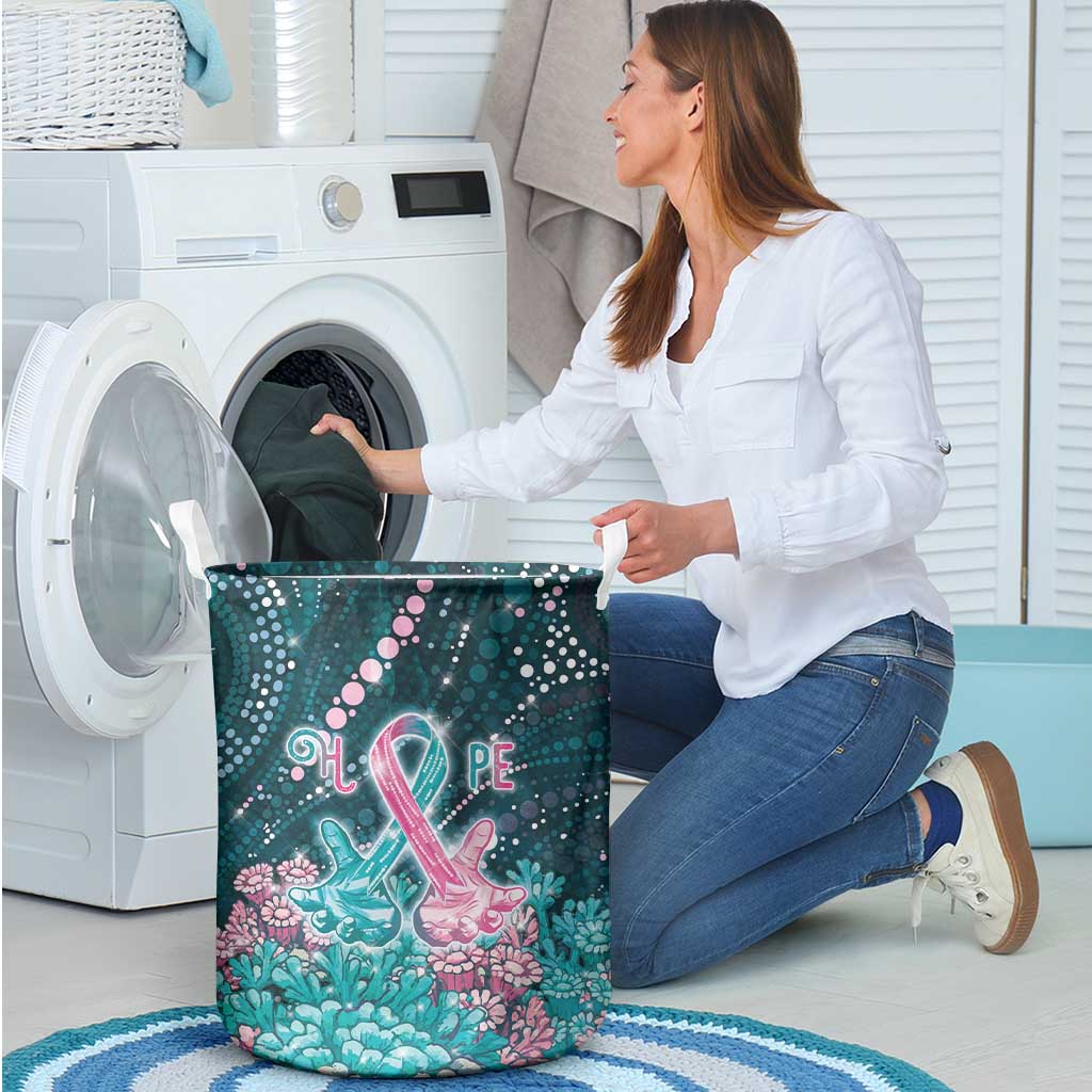 Hereditary Cancer Awareness Laundry Basket Hope Ribbon With Aussie Teal Duncan Coral