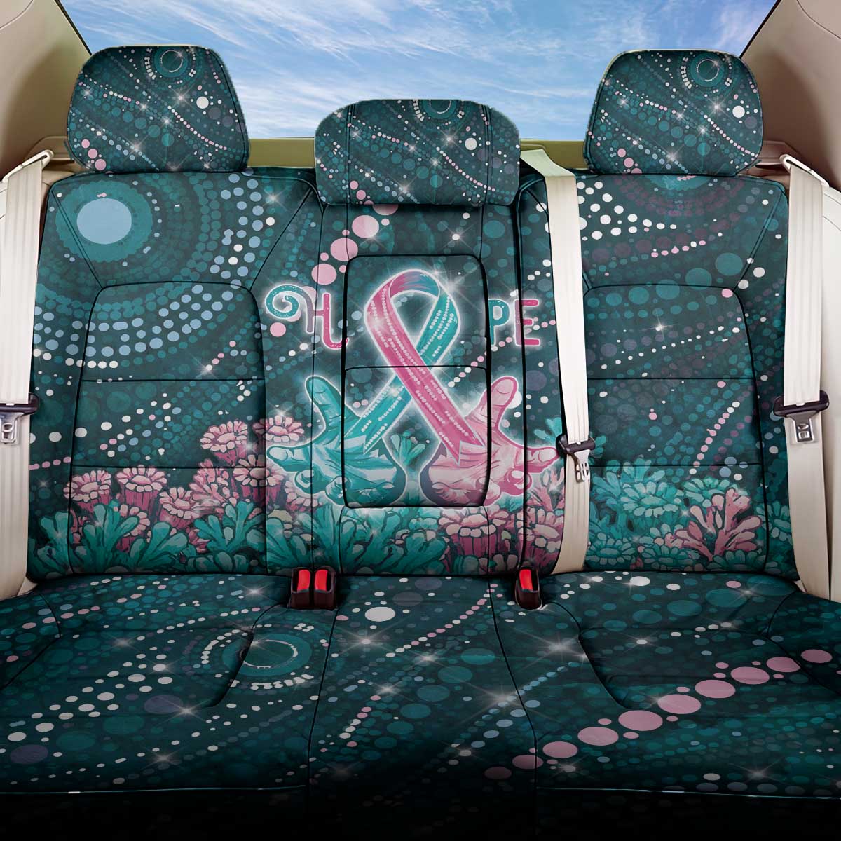 Hereditary Cancer Awareness Back Car Seat Cover Hope Ribbon With Aussie Teal Duncan Coral