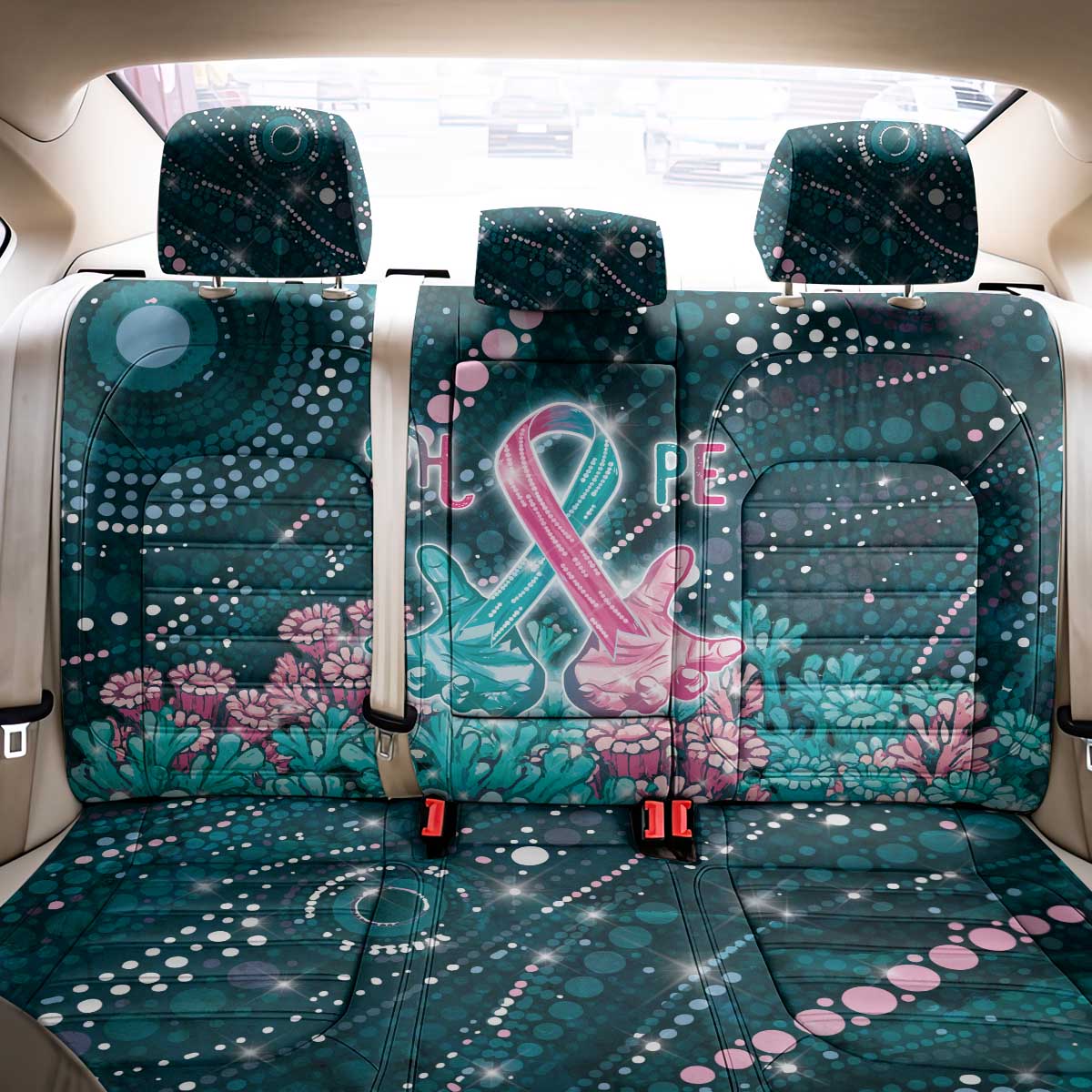 Hereditary Cancer Awareness Back Car Seat Cover Hope Ribbon With Aussie Teal Duncan Coral