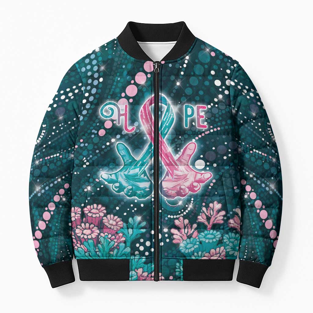 Personalised Hereditary Cancer Awareness Bomber Puffer Jacket Hope Ribbon With Aussie Teal Duncan Coral