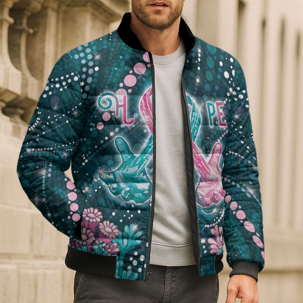 Personalised Hereditary Cancer Awareness Bomber Puffer Jacket Hope Ribbon With Aussie Teal Duncan Coral