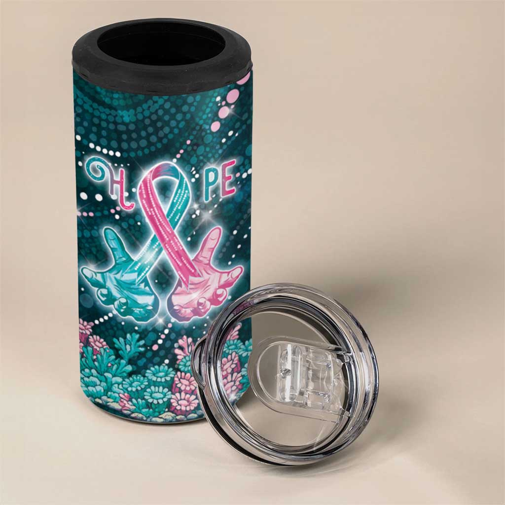 Personalised Hereditary Cancer Awareness 4 in 1 Can Cooler Tumbler Hope Ribbon With Aussie Teal Duncan Coral