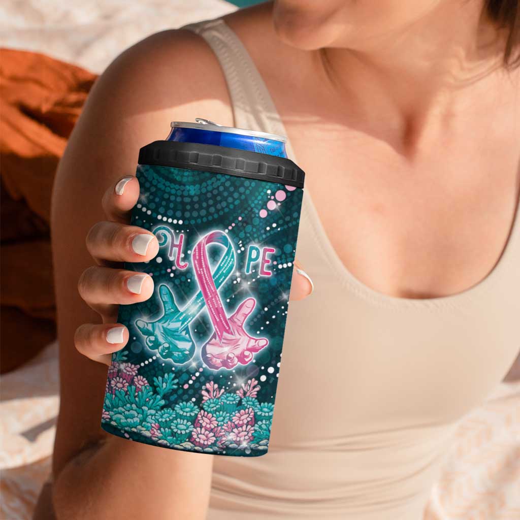 Personalised Hereditary Cancer Awareness 4 in 1 Can Cooler Tumbler Hope Ribbon With Aussie Teal Duncan Coral