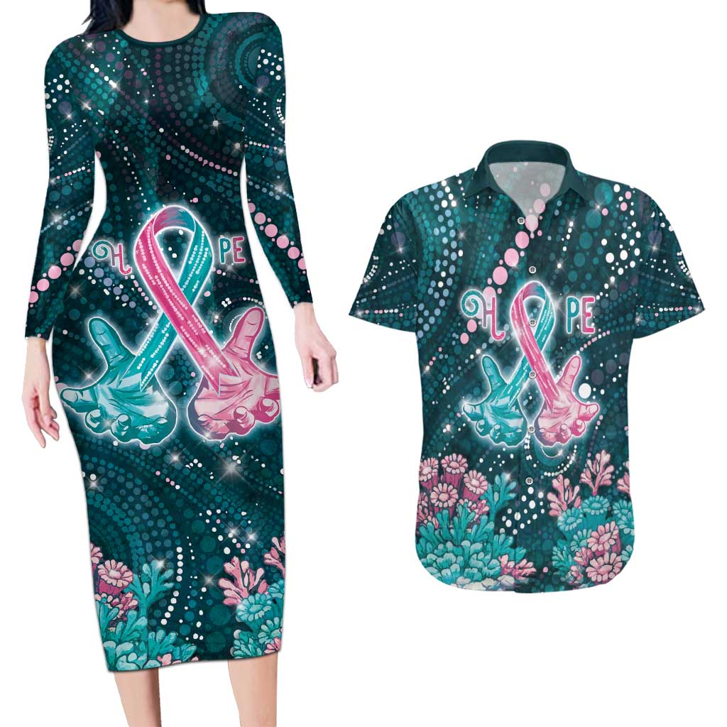 Personalised Hereditary Cancer Awareness Couples Matching Long Sleeve Bodycon Dress and Hawaiian Shirt Hope Ribbon With Aussie Teal Duncan Coral