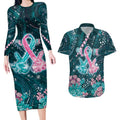 Personalised Hereditary Cancer Awareness Couples Matching Long Sleeve Bodycon Dress and Hawaiian Shirt Hope Ribbon With Aussie Teal Duncan Coral