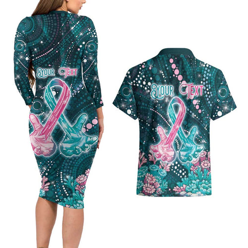 Personalised Hereditary Cancer Awareness Couples Matching Long Sleeve Bodycon Dress and Hawaiian Shirt Hope Ribbon With Aussie Teal Duncan Coral