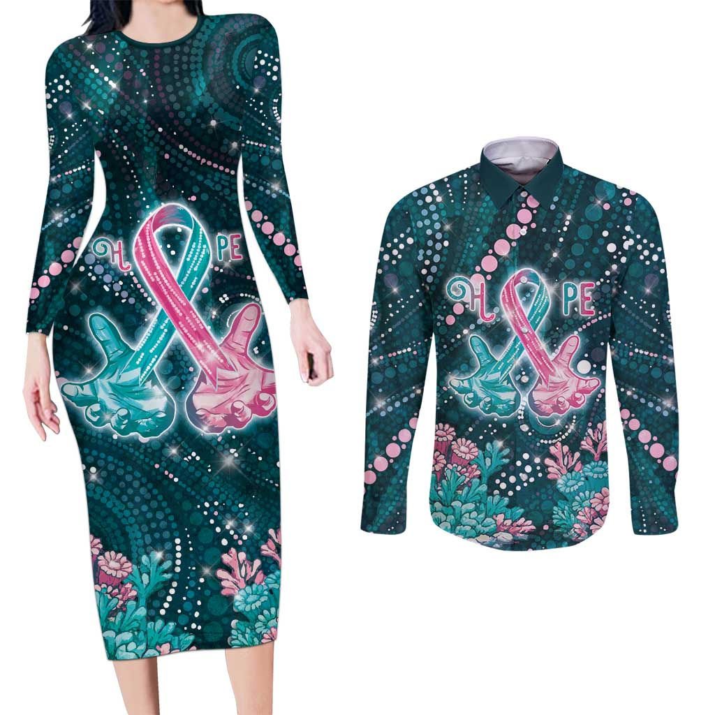 Personalised Hereditary Cancer Awareness Couples Matching Long Sleeve Bodycon Dress and Long Sleeve Button Shirt Hope Ribbon With Aussie Teal Duncan Coral