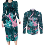 Personalised Hereditary Cancer Awareness Couples Matching Long Sleeve Bodycon Dress and Long Sleeve Button Shirt Hope Ribbon With Aussie Teal Duncan Coral