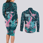 Personalised Hereditary Cancer Awareness Couples Matching Long Sleeve Bodycon Dress and Long Sleeve Button Shirt Hope Ribbon With Aussie Teal Duncan Coral