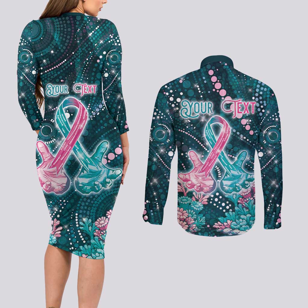 Personalised Hereditary Cancer Awareness Couples Matching Long Sleeve Bodycon Dress and Long Sleeve Button Shirt Hope Ribbon With Aussie Teal Duncan Coral