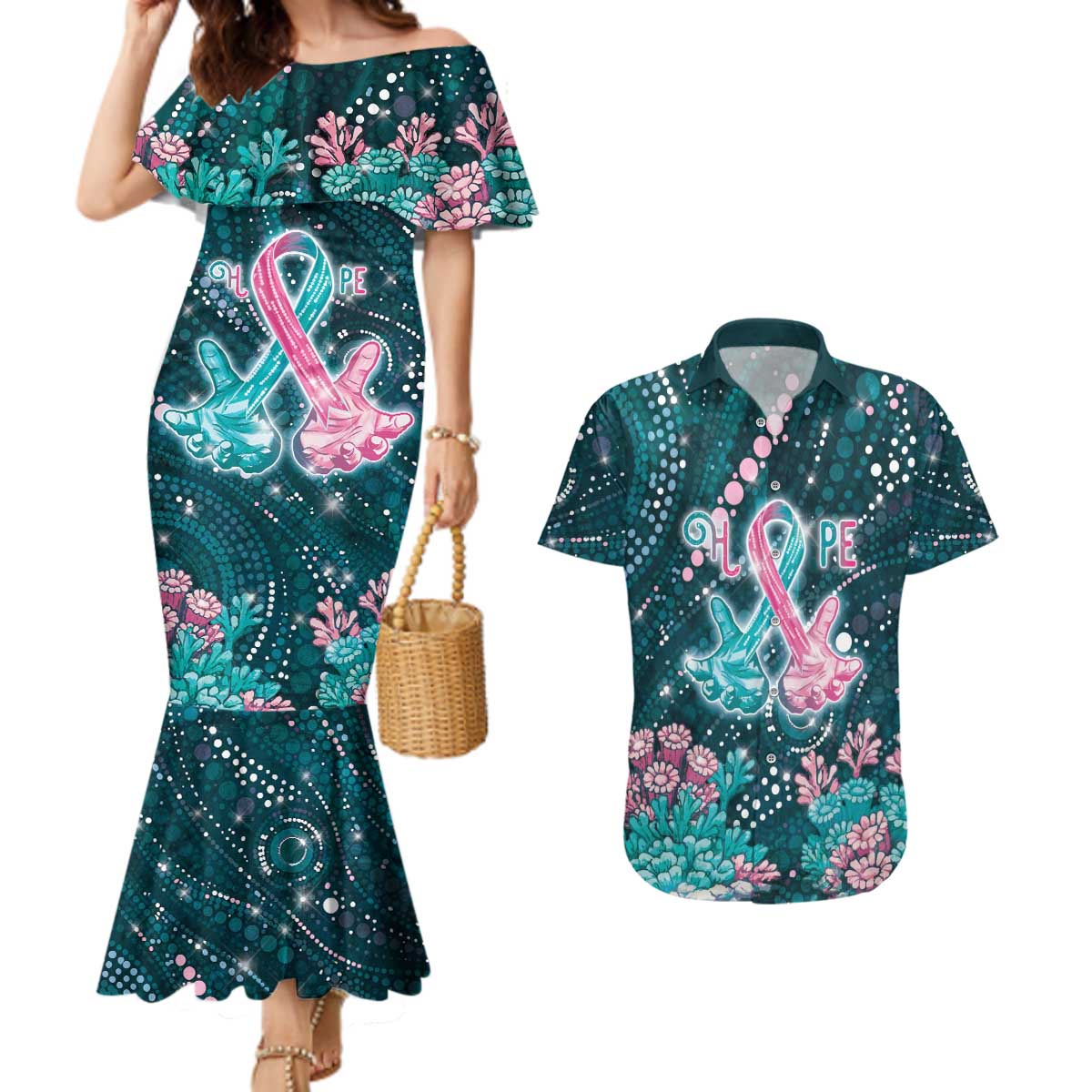 Personalised Hereditary Cancer Awareness Couples Matching Mermaid Dress and Hawaiian Shirt Hope Ribbon With Aussie Teal Duncan Coral