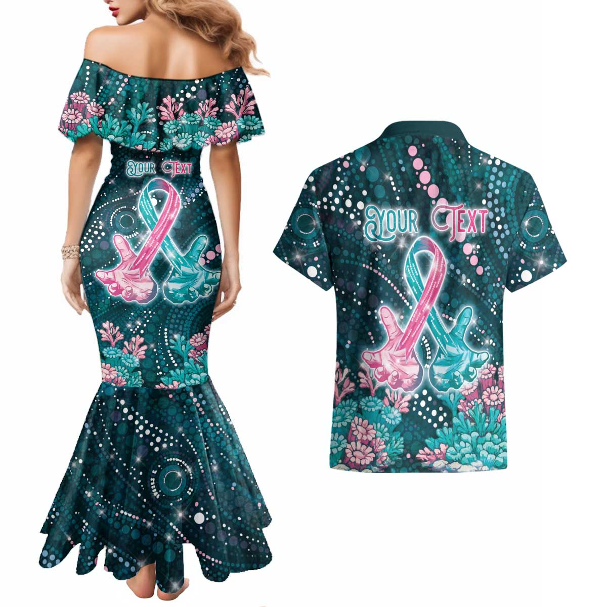Personalised Hereditary Cancer Awareness Couples Matching Mermaid Dress and Hawaiian Shirt Hope Ribbon With Aussie Teal Duncan Coral