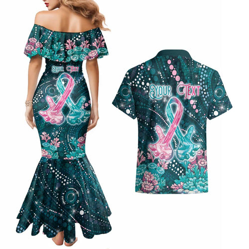 Personalised Hereditary Cancer Awareness Couples Matching Mermaid Dress and Hawaiian Shirt Hope Ribbon With Aussie Teal Duncan Coral