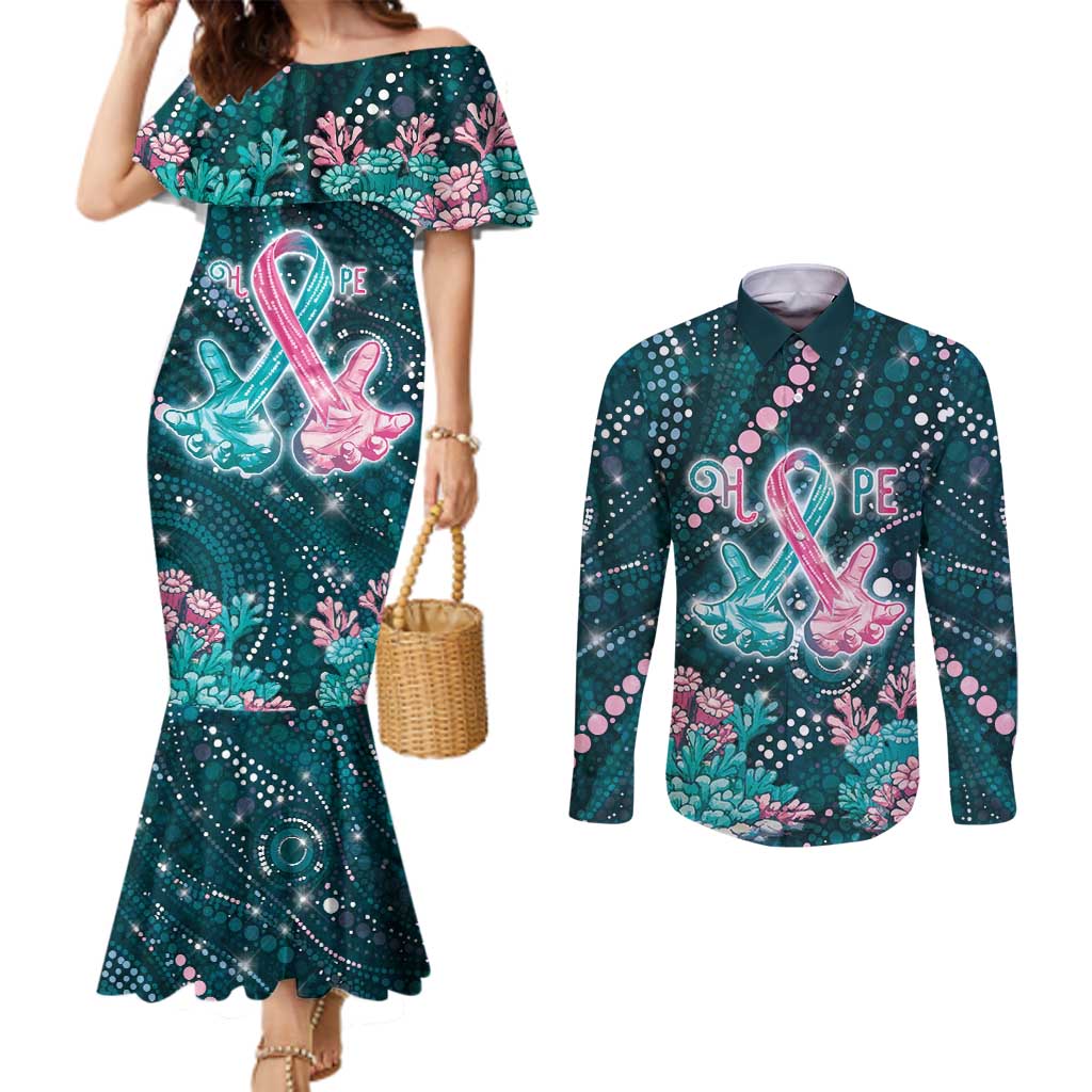 Personalised Hereditary Cancer Awareness Couples Matching Mermaid Dress and Long Sleeve Button Shirt Hope Ribbon With Aussie Teal Duncan Coral