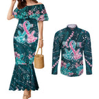 Personalised Hereditary Cancer Awareness Couples Matching Mermaid Dress and Long Sleeve Button Shirt Hope Ribbon With Aussie Teal Duncan Coral