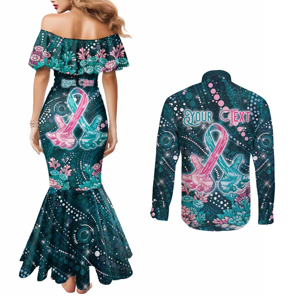 Personalised Hereditary Cancer Awareness Couples Matching Mermaid Dress and Long Sleeve Button Shirt Hope Ribbon With Aussie Teal Duncan Coral