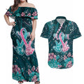 Personalised Hereditary Cancer Awareness Couples Matching Off Shoulder Maxi Dress and Hawaiian Shirt Hope Ribbon With Aussie Teal Duncan Coral
