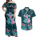 Personalised Hereditary Cancer Awareness Couples Matching Off Shoulder Maxi Dress and Hawaiian Shirt Hope Ribbon With Aussie Teal Duncan Coral