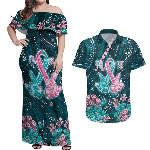 Personalised Hereditary Cancer Awareness Couples Matching Off Shoulder Maxi Dress and Hawaiian Shirt Hope Ribbon With Aussie Teal Duncan Coral