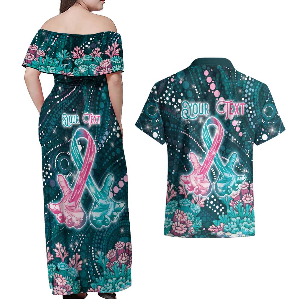 Personalised Hereditary Cancer Awareness Couples Matching Off Shoulder Maxi Dress and Hawaiian Shirt Hope Ribbon With Aussie Teal Duncan Coral