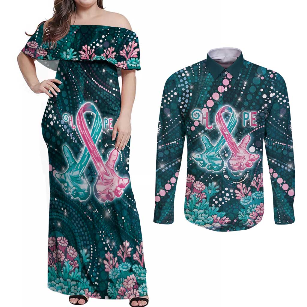 Personalised Hereditary Cancer Awareness Couples Matching Off Shoulder Maxi Dress and Long Sleeve Button Shirt Hope Ribbon With Aussie Teal Duncan Coral