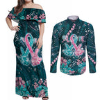 Personalised Hereditary Cancer Awareness Couples Matching Off Shoulder Maxi Dress and Long Sleeve Button Shirt Hope Ribbon With Aussie Teal Duncan Coral