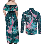 Personalised Hereditary Cancer Awareness Couples Matching Off Shoulder Maxi Dress and Long Sleeve Button Shirt Hope Ribbon With Aussie Teal Duncan Coral