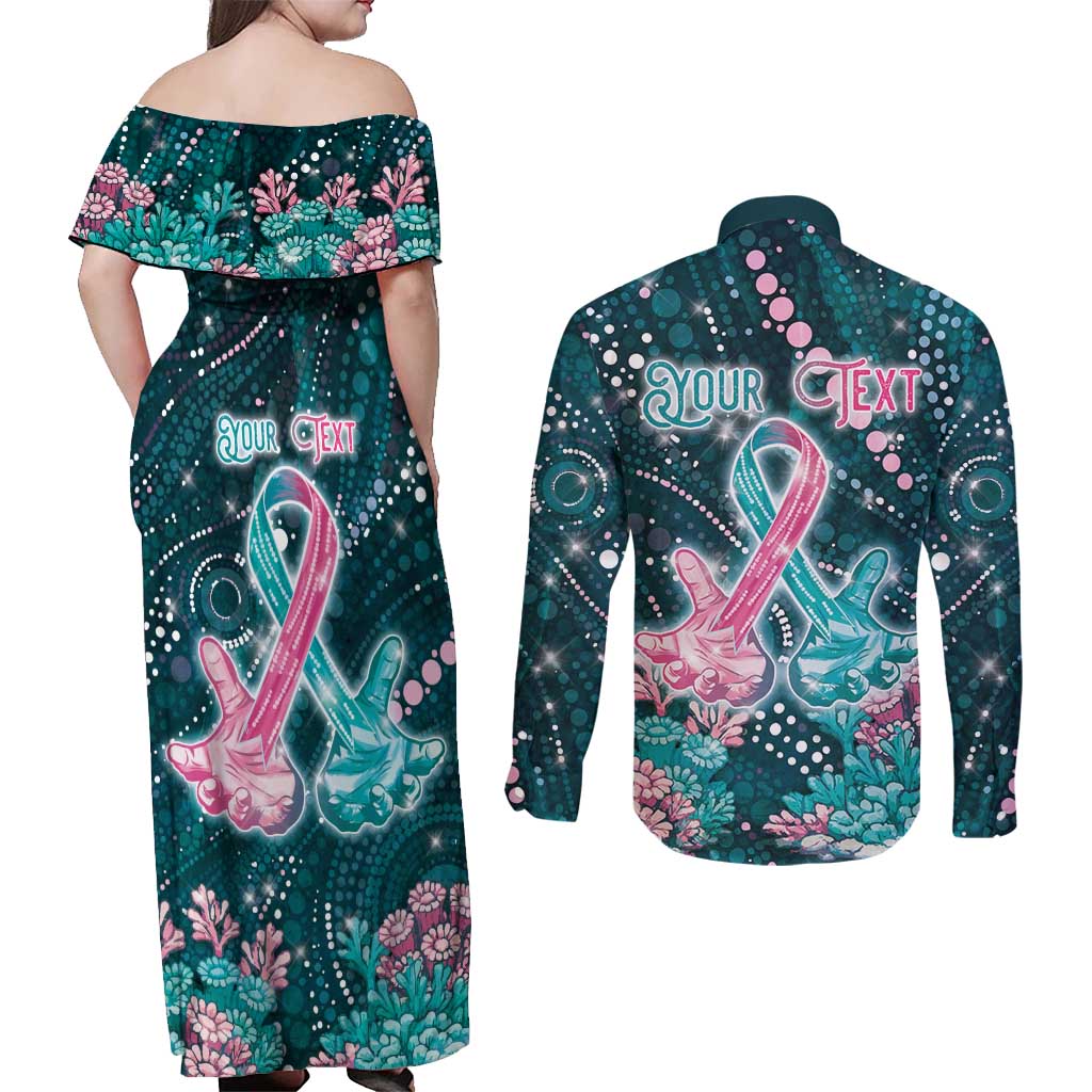 Personalised Hereditary Cancer Awareness Couples Matching Off Shoulder Maxi Dress and Long Sleeve Button Shirt Hope Ribbon With Aussie Teal Duncan Coral