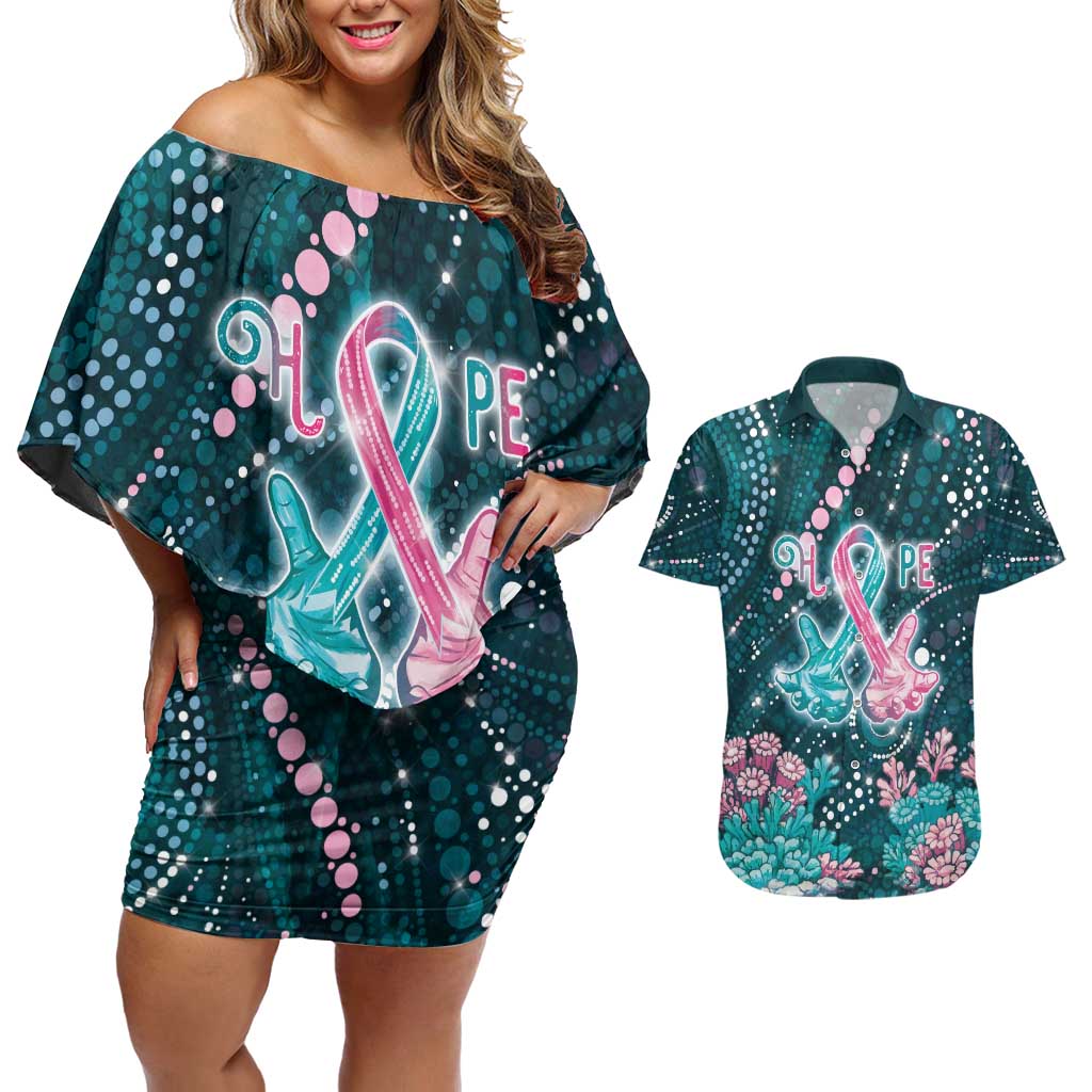 Personalised Hereditary Cancer Awareness Couples Matching Off Shoulder Short Dress and Hawaiian Shirt Hope Ribbon With Aussie Teal Duncan Coral