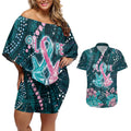 Personalised Hereditary Cancer Awareness Couples Matching Off Shoulder Short Dress and Hawaiian Shirt Hope Ribbon With Aussie Teal Duncan Coral
