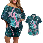 Personalised Hereditary Cancer Awareness Couples Matching Off Shoulder Short Dress and Hawaiian Shirt Hope Ribbon With Aussie Teal Duncan Coral