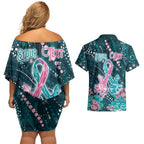 Personalised Hereditary Cancer Awareness Couples Matching Off Shoulder Short Dress and Hawaiian Shirt Hope Ribbon With Aussie Teal Duncan Coral