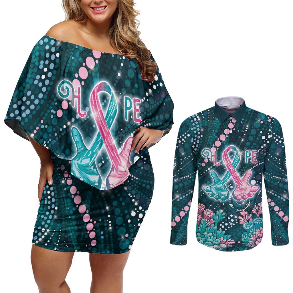 Personalised Hereditary Cancer Awareness Couples Matching Off Shoulder Short Dress and Long Sleeve Button Shirt Hope Ribbon With Aussie Teal Duncan Coral
