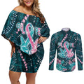 Personalised Hereditary Cancer Awareness Couples Matching Off Shoulder Short Dress and Long Sleeve Button Shirt Hope Ribbon With Aussie Teal Duncan Coral