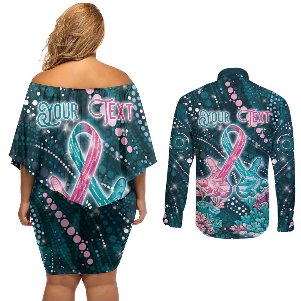 Personalised Hereditary Cancer Awareness Couples Matching Off Shoulder Short Dress and Long Sleeve Button Shirt Hope Ribbon With Aussie Teal Duncan Coral
