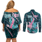 Personalised Hereditary Cancer Awareness Couples Matching Off Shoulder Short Dress and Long Sleeve Button Shirt Hope Ribbon With Aussie Teal Duncan Coral