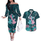 Personalised Hereditary Cancer Awareness Couples Matching Off The Shoulder Long Sleeve Dress and Hawaiian Shirt Hope Ribbon With Aussie Teal Duncan Coral