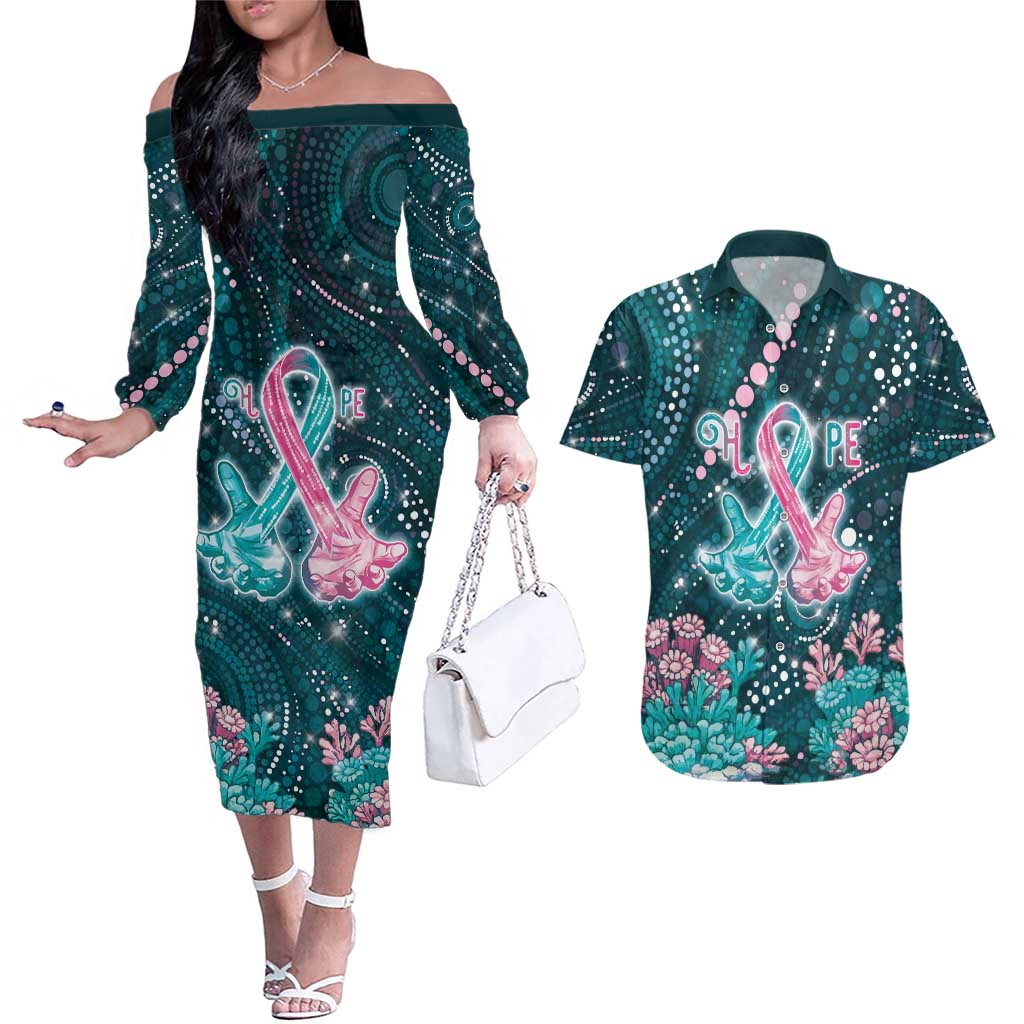 Personalised Hereditary Cancer Awareness Couples Matching Off The Shoulder Long Sleeve Dress and Hawaiian Shirt Hope Ribbon With Aussie Teal Duncan Coral